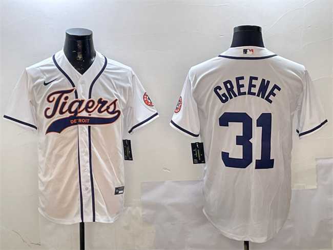 Mens Detroit Tigers #31 Riley Greene White With Patch Cool Base Stitched Jersey